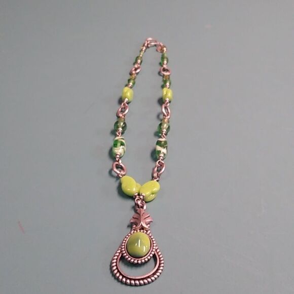 Ann Cichon Signed Green Cabochon Silver Tone Metal Green Beads Cottagecore - Picture 5 of 10